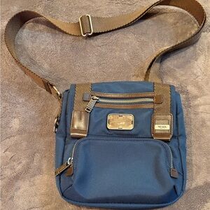 Tumi Blue Messenger Bag with Brown Trim